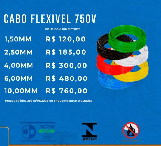 Cabo de cobre flexível 750v