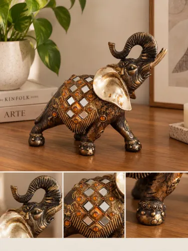 Elefante Indiano Decorativo Dourado com Espelhos