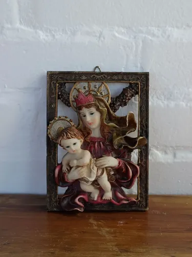 quadro quadrinho Maria e menino Jesus decoração vintage religiosa imagem antigo Antiquario