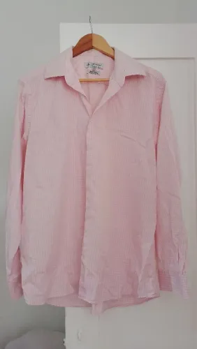 Camisa xadrez de branco e rosa Dudalina Tam 43 algodão egípcio