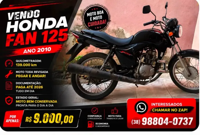 Moto fan125 super conservada ótima trabalhando, lazer . Ano 2010