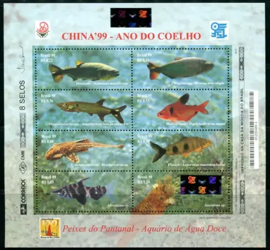BLOCO SELO BRASIL 1999 - CHINA 99 ANO DO COELHO - PEIXES DO PANTANAL