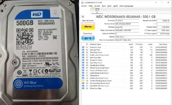 HD de 500gb + cabos sata (testado) 3.5