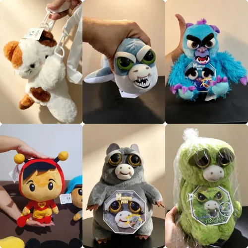 Lote de pelúcias Feisty Godzilla, tubarão, tartaruga, monstro azul, chapolin e bolsa gato