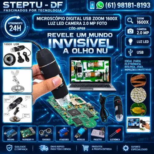 Microscópio Digital Usb Zoom 1600 Luz Led Camera 2.0 Mp Foto Arduino Automação COD-AP69