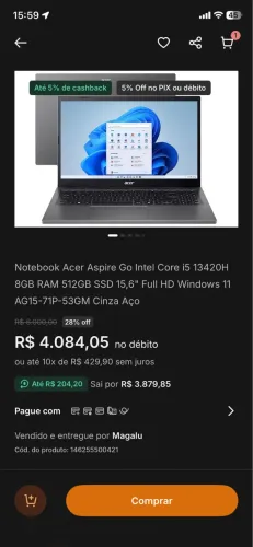 Notebook Acer Aspire Go Intel Core i5 13420H 8GB RAM 512GB SSD 15,6" Full HD Windows 11