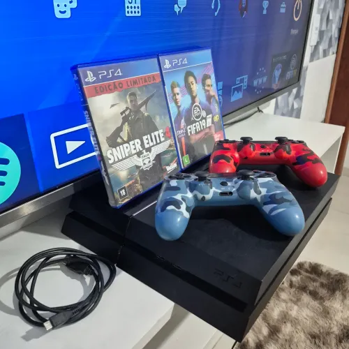 PS4 COMPLETO 2 CONTROLES COM JOGOS FIFA SNIPER ELITE BARATO SEMINOVO PLAY 4