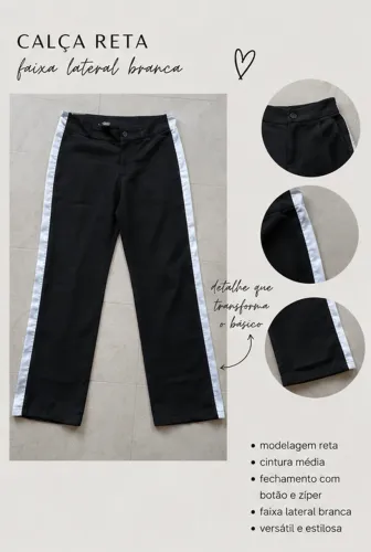 Calça preta reta com faixa lateral branca