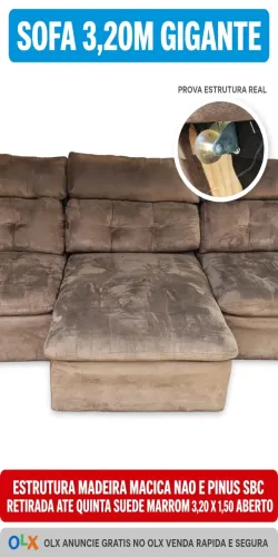 sofa 3,20m Retratil Suede Marrom + Chaise 1,50m - Madeira Macica - SBC