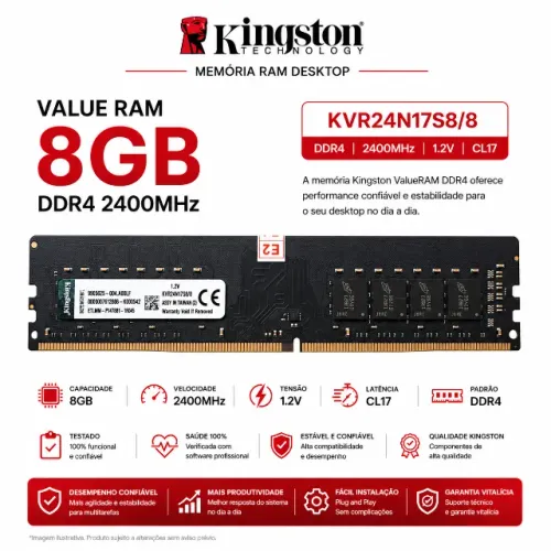 Memória RAM Kingston BLACK 8GB DDR4 2400MHz (KVR24N17S8/8)