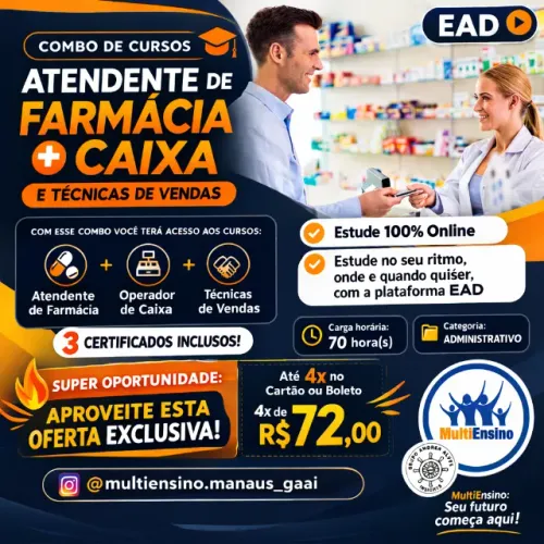 COMBO CURSO PROFISSIONALIZANTE: ATENDENTE DE FARMÁCIA + CAIXA + TÉCNICAS DE VENDAS
