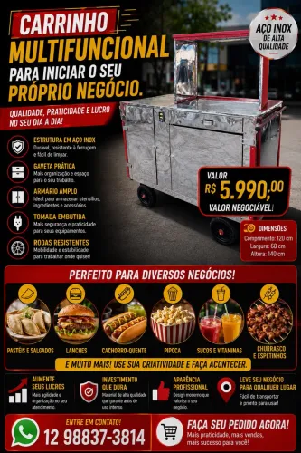 Carrinho multifuncional em aço inox