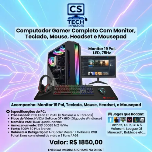 Oportunidade: PC Gamer Completo + Monitor 75Hz + Kit 4 em 1 (Pronto para Jogar!)