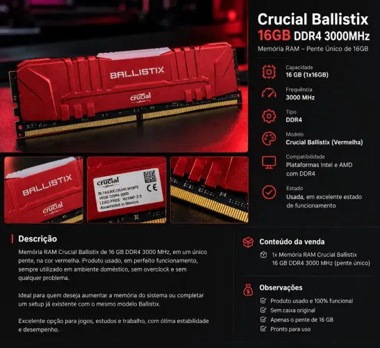 Memória RAM Crucial Ballistix 16GB DDR4 3000MHz Vermelha