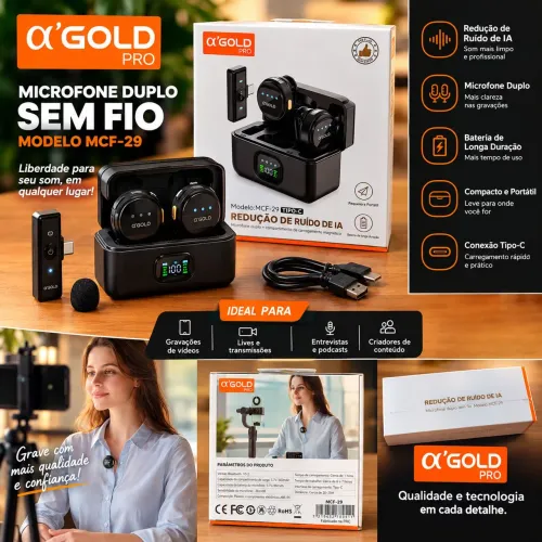 Microfone Lapela Sem Fio A'Gold MCF-29TIPO-C USB Tipo-C