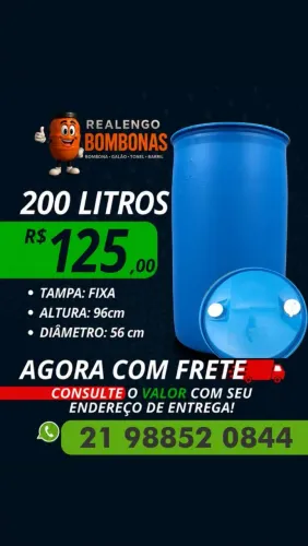 Bombona 200 litros Bombonas Galões Tambores Barris Tonéis pra Obra, Tina, Deck, Óleo, Lixo