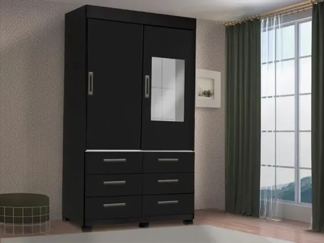 Guarda-Roupa Solteiro 2 portas de correr com espelho 6 gavetas l65