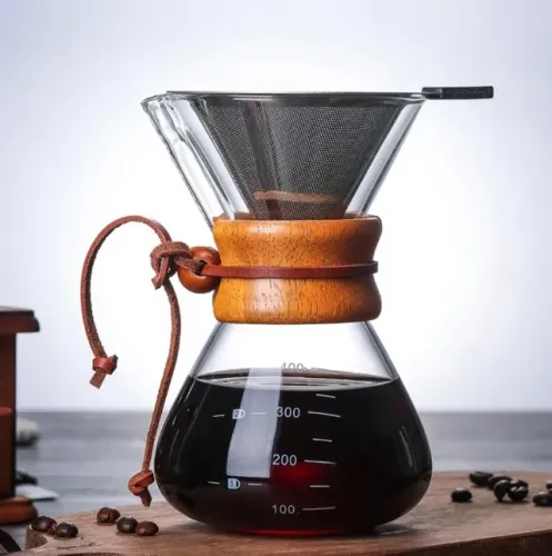 Jarra Método Chemex 400 ml Gola Madeira e Couro Legítimo - Filtro Inox