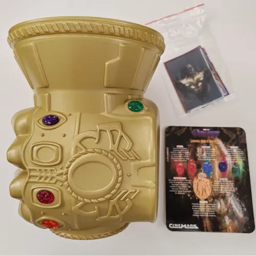 Balde de pipoca + Cartela das jóias + Card e figurinhas Avengers
