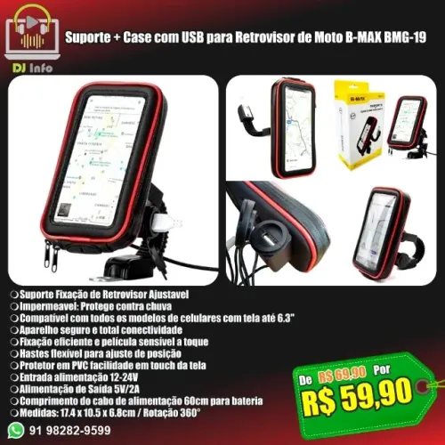 Suporte + Case com USB para Retrovisor de Moto B-MAX BMG-19