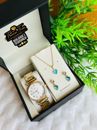 Kit feminino relógio enlegance passeio + colar e brincos