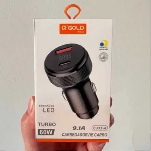 Carregador Turbo Veicular USB 60W Tipo-C 9.1A Com LED Novo - Garantia