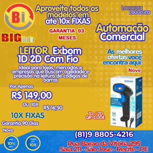 Leitor De Código De Barras Com Fio Usb 1d 2D Preto - Em ate 10x Fixas