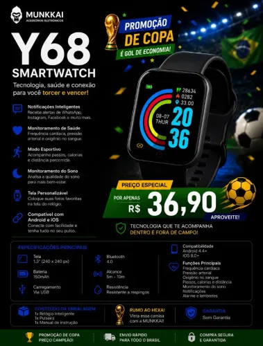 Smartwatch Y68 Relógio Inteligente Bluetooth Android e iPhone | R$ 36,90