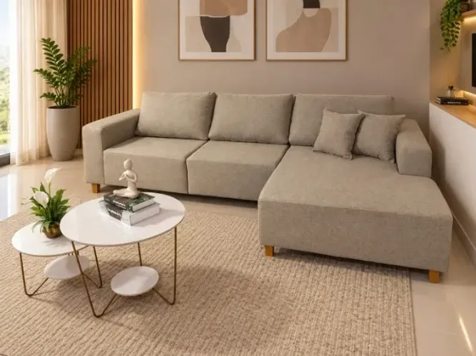 Sofá living america 2,90m, bege, espuma d-28, carregador USB,Molas bonel