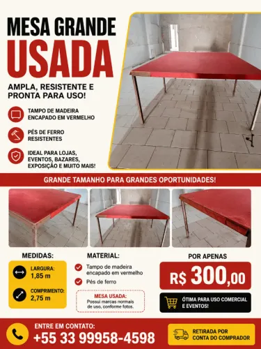 Mesa grande usada 1,85 m x 2,75 m, madeira encapada e pés de ferro
