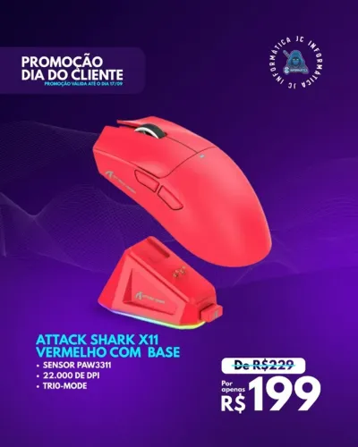 PROMOÇÃO DIA DO CLIENTE VÁLIDO ATÉ O DIA 17/09 MOUSE ATTACK SHARK X11 VERMELHO COM BASE