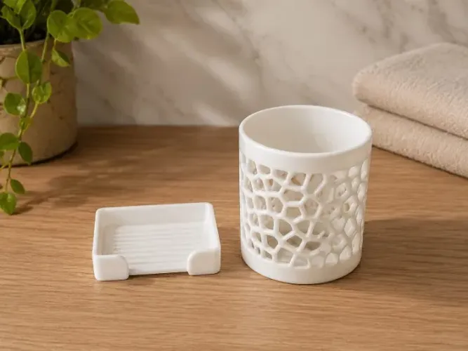 Kit Banheiro 3D - Porta Escova + Saboneteira Decorativa Moderna