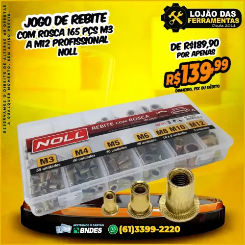 Jogo de Rebite Com Rosca 165 Pçs M3 a M12 Profissional Noll