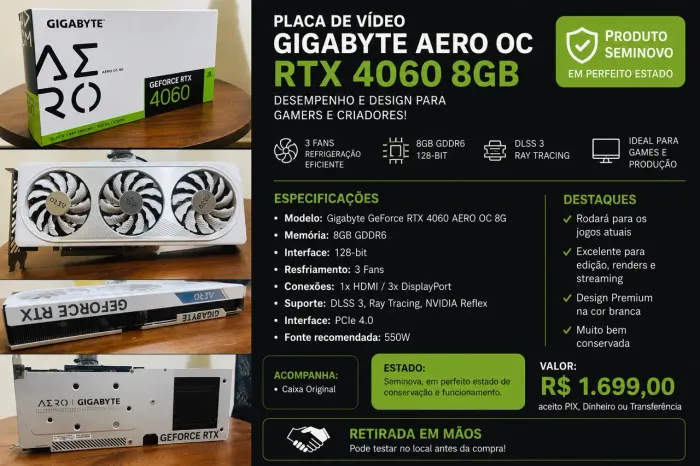 Placa de Vídeo Gigabyte GeForce RTX 4060 AERO OC 8GB GDDR6 (Branca)