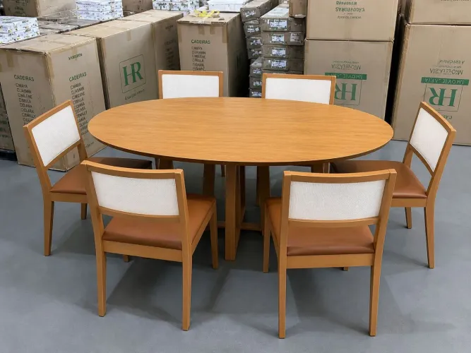 Mesa de Jantar Oval tampo amadeirado 180x1 Com 6 Cadeiras telinha
