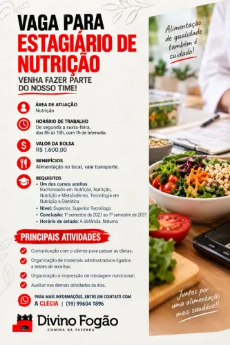 Vaga para Estagiário de Nutrição