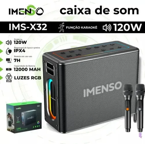 Caixa de Som Bluetooth Imenso X32 120W - Potente com 2 Microfones, Conexão TWS e Luzes RGB