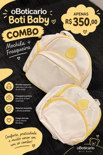 Conjunto original Boti Baby O Boticário, composto por mochila + frasqueira