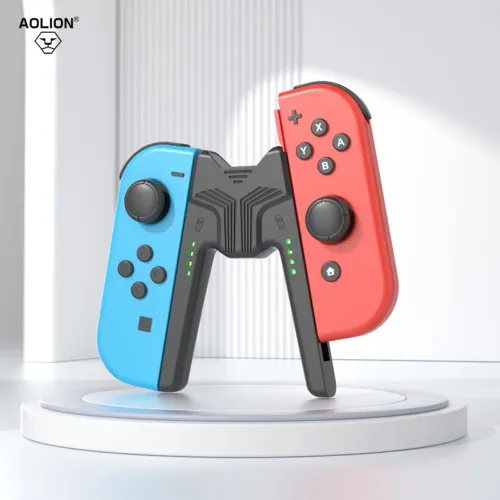 Grip Carregador Joy-Con Nintendo Switch com Entrada P2 para Fone e LED Indicador de Carga