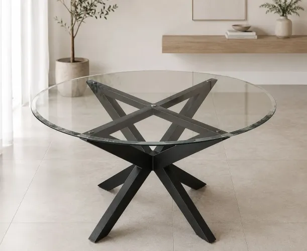 Mesa de Jantar Breton  1,20 m | Vidro Bisotado | Base em Ferro | Design Contemporâneo