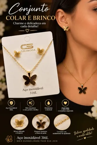 Conjunto colar e brinco borboleta dourada aço inoxidável