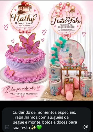 Bolos, Doces, Aluguel de Pegue e Monte.