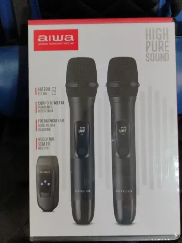 Microfone Aiwa Preto Sem Fio para Festa com 2 Mic P10 Lacrado