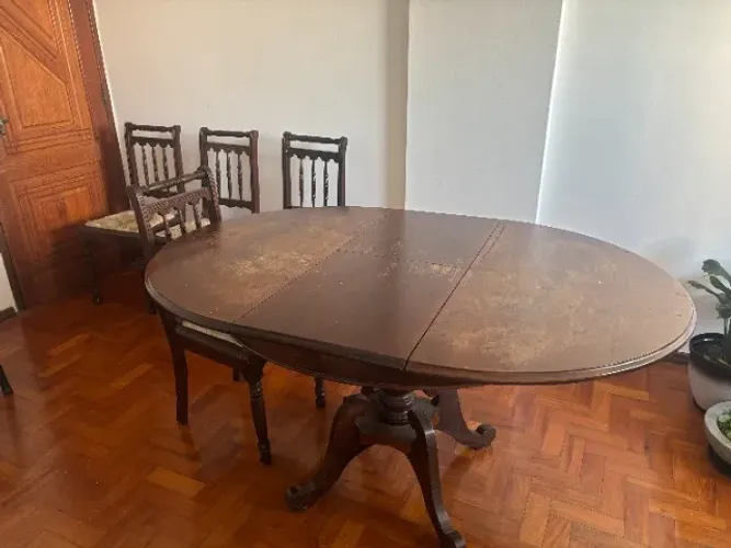 Mesa de madeira de lei e6 cadeiras - 109cm x 150cm, altura 78,5cm