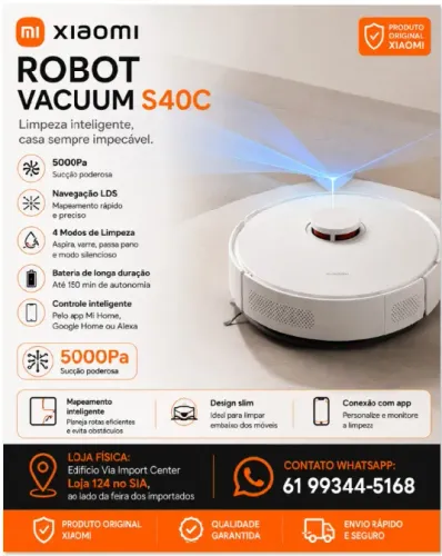 Robô Aspirador Xiaomi S40c, Mapeamento Inteligente, 5000 Pa de Sucção, Novo, Loja Física