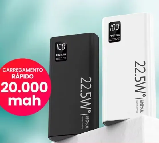 Power Bank 20000mAh ? Carregamento Rápido 22.5W, Tela Digital, 2 Saídas, Preto, Novo