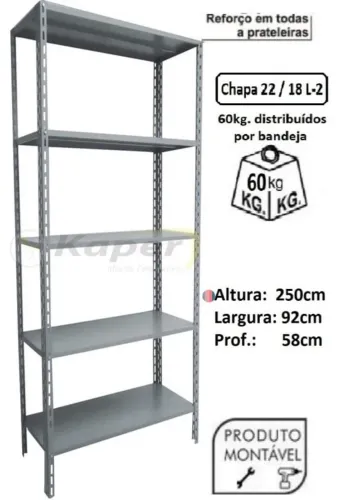 Estante de Aço Reforçada 2,50m - 5 Prateleiras - 60kg por Bandeja