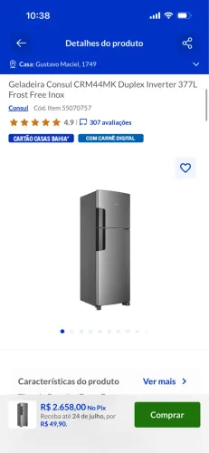 Geladeira Consul CRM44MK Duplex Inverter 377L Frost Free Inox