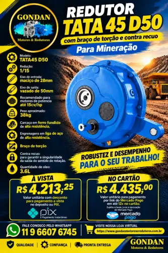 REDUTOR TATA 45 D50 com braço de torção contra recuo - Para Mineração
