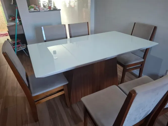 Mesa de Jantar 6 Lugares com Tampo de Vidro Branco
